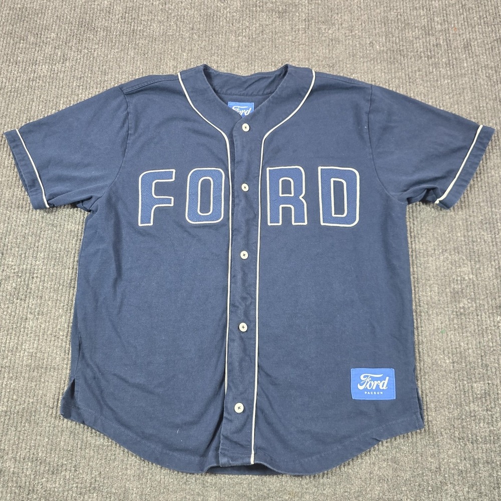 Ford PacSun Shirt Mens Medium Blue Button Up Short Sleeve Jersey Baseball